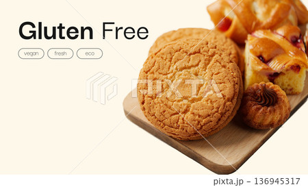 Happy Easter celebration with gluten free treats and festive baked goods on a wooden platter Happy Easter celebration with gluten free treats and festive baked goods on a wooden platter 136945317