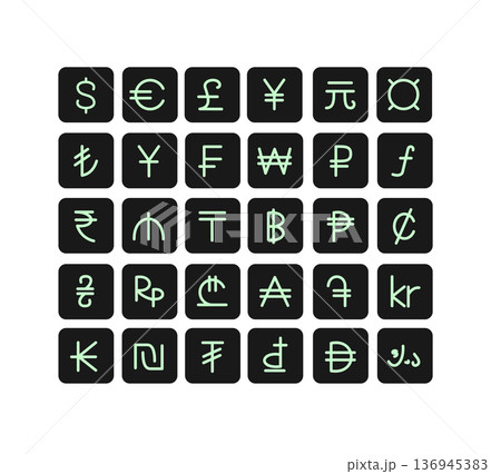 Different Types Currency Sign Thin Line Icon Labels Black Square Set. Vector 136945383