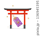 Japan Travel and Tourism Concept with Realistic 3d Japanese Traditional Red Torii Gate and Souvenir. Vector 136945395