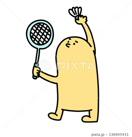 illustration of a cute yellow man is playing badminton 136945431