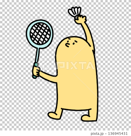 illustration of a cute yellow man is playing badminton 136945431