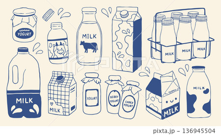 Hand drawn dairy vector set with milk bottles, cartons, yogurt jars and dairy packaging. Cute minimal doodle illustrations perfect for food branding, organic product, packaging, label, grocery design Hand drawn dairy vector set with milk bottles, cartons, yogurt jars and dairy packaging. Cute minimal doodle illustrations perfect for food branding, organic product, packaging, label, grocery design 136945504