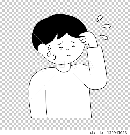 Line drawing illustration of a young man with a cold sweat and a troubled face holding his head 136945638