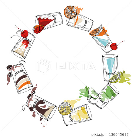 Soda lemonade, fruit and citrus juice, alcoholic beverages. Circular wreath of bright shot glasses in mixed color. Hand drawn in ink for stickers, labels, packaging badges, event icons, cafe coasters. Soda lemonade, fruit and citrus juice, alcoholic beverages. Circular wreath of bright shot glasses in mixed color. Hand drawn in ink for stickers, labels, packaging badges, event icons, cafe coasters. 136945655