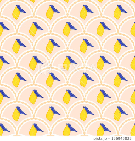 Scallop seamless pattern pencil scribble lemons. Pastel pink summer fruit design for textiles, kitchen decor, Mediterranean-inspired print. Vector arch naive hand drawn fresh citrus fruits background 136945823