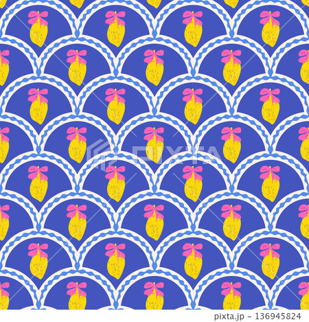 lemon gift boxes bow seamless scallop pattern. Summer fruit design for textiles, wallpaper decor. Mediterranean-inspired print. Vector arch coquette lemons with ribbon bow repeat blue background 136945824