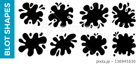 Splash hand-drawn frames text boxes. Promo sticker silhouettes in puddle paint stain wavy shape set. Undulated figures for quote. Badge or labels bg for message. Irregular wavy blob simple elements 136945830