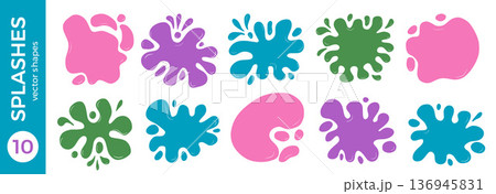 Funky playful splash frames for text. Simple promo sticker gum, liquid candy and ice cream puddle with paint stain and blot shape. Fluid abstract pink blob and drip for quote. Vector set isolated 136945831