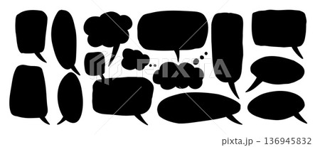 Hand-drawn silhouette speech bubbles set. Doodle black simple frames for comic dialog and chat design. Vector collage cutout flat speech text boxes set isolated no background 136945832