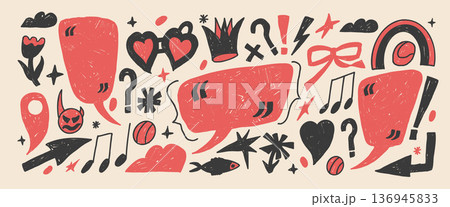 Speech bubble quote and crayon text callout clouds. Playful hand drawn funky boxes and frames look like pencil doodles or chalk sketches. Naive collage with red, and black shapes for dialogue or note 136945833