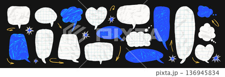 Paper cutout notebook chat bubbles. Crayon speech dialogue shapes bring comic talk effects with wrinkled paper textures. Vector blue and grid, ruled callouts for promo design set isolated on black bg 136945834