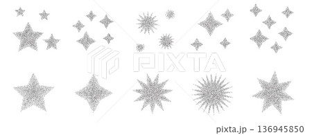 Halftone dotted stars. Blinks with stippled texture. Y2k sparkling grain gradation effects creates dynamic graphic design with spray-painted aesthetic and noise overlay. Vector set isolated on white 136945850