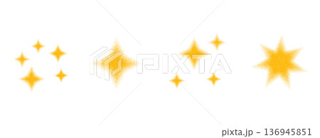 Yellow gradient grain star burst with halftone dots and grainy texture. Stippled noise effects blinks sparkling glitter element. Vector isolated glints isolated on white bg 136945851