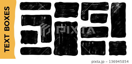 Grunge textured wavy squares and rectangles. Organic geometric shape and frames set. Rectangular irregular crayon block for a text box. Hand drawn pencil chalk charcoal callouts. Square rough element 136945854