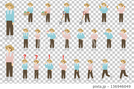 扁平化插畫：一群農民男女（附臉部表情） 136946049