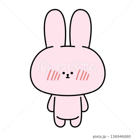頬を赤らめて照れるピンクのウサギのキャラクターイラスト 136946060