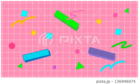 ピンクの方眼と幾何学模様が可愛いレトロポップなフレーム背景素材 136946074