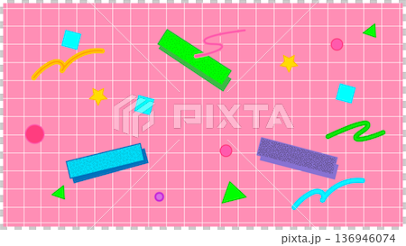 ピンクの方眼と幾何学模様が可愛いレトロポップなフレーム背景素材 136946074