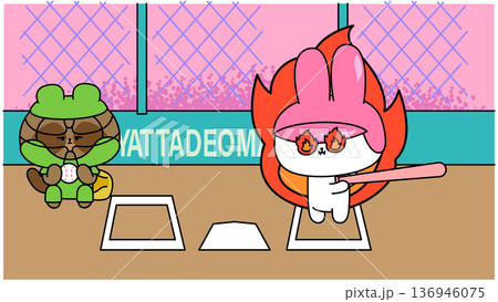 炎を背負うバッターウサギとキャッチャー狸の野球対決イラスト 136946075