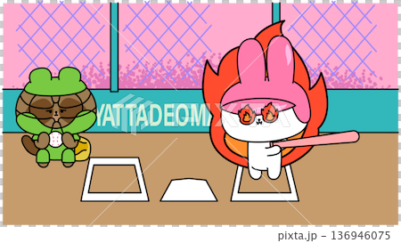 炎を背負うバッターウサギとキャッチャー狸の野球対決イラスト 136946075