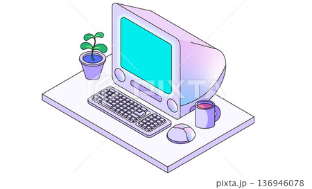 90年代風のレトロポップなデスクトップパソコンがあるおしゃれなデスクのイラスト 136946078