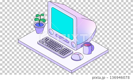 90年代風のレトロポップなデスクトップパソコンがあるおしゃれなデスクのイラスト 136946078