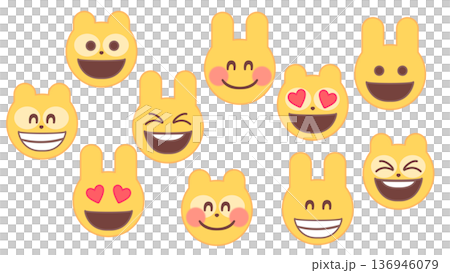一套包含各種可愛兔子和熊的表情符號，它們都面帶微笑，眼睛是心形的。 136946079