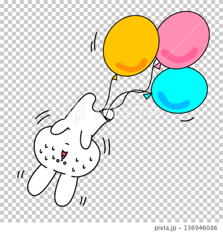 A character illustration of a smiling rabbit holding three colored balloons and flying into the sky 136946086