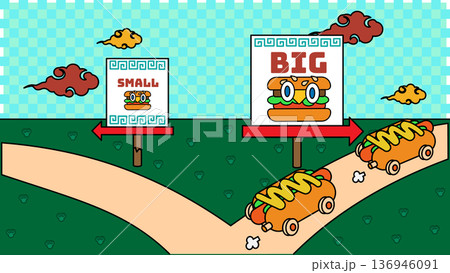 分かれ道で「BIG」と「SMALL」の看板を前に進路を選択するホットドッグカーのコミカルなビジネスイ 分かれ道で「BIG」と「SMALL」の看板を前に進路を選択するホットドッグカーのコミカルなビジネスイ 136946091