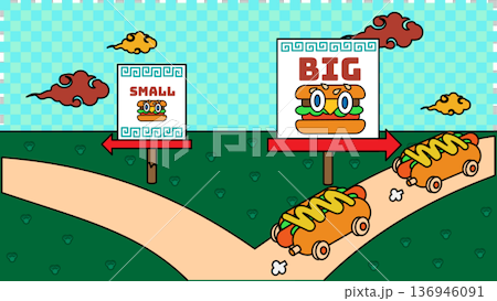 分かれ道で「BIG」と「SMALL」の看板を前に進路を選択するホットドッグカーのコミカルなビジネスイ 分かれ道で「BIG」と「SMALL」の看板を前に進路を選択するホットドッグカーのコミカルなビジネスイ 136946091