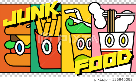 Junk food character illustrations depicting hamburgers, fries, drinks, and instant noodles in an American comic-style panel. Junk food character illustrations depicting hamburgers, fries, drinks, and instant noodles in an American comic-style panel. 136946092