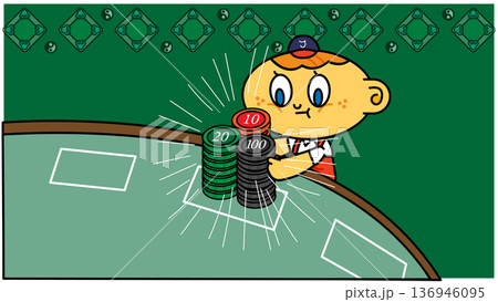 カジノテーブルで積み上がったチップを前に勝負に出る少年のコミカルなビジネスイラスト 136946095