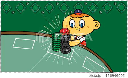 一幅滑稽的商業插圖，描繪了一個小男孩在賭場賭桌前賭博，面前擺著一疊籌碼。 136946095