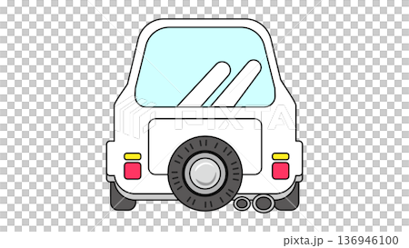 Vector illustration of a white small vehicle seen from the back, featuring a spare tire and twin mufflers Vector illustration of a white small vehicle seen from the back, featuring a spare tire and twin mufflers 136946100