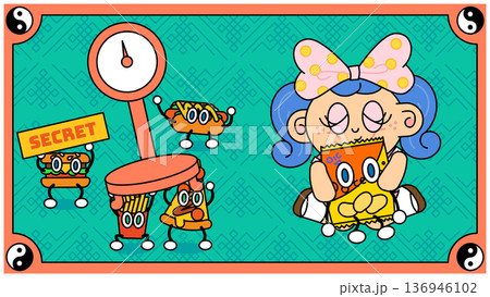 体重計の針を隠しながらスナック菓子を楽しむ少女とジャンクフードたちのポップなイラスト 体重計の針を隠しながらスナック菓子を楽しむ少女とジャンクフードたちのポップなイラスト 136946102