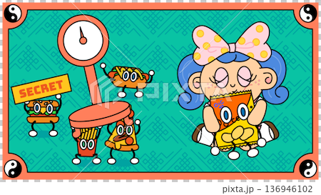 体重計の針を隠しながらスナック菓子を楽しむ少女とジャンクフードたちのポップなイラスト 体重計の針を隠しながらスナック菓子を楽しむ少女とジャンクフードたちのポップなイラスト 136946102
