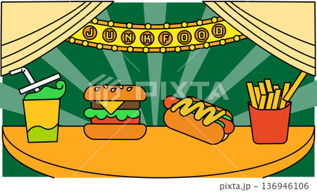 劇場のステージに勢揃いしたハンバーガー、ポテト、ホットドッグ、ドリンクのコミカルなイラスト 136946106