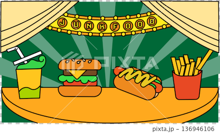劇場のステージに勢揃いしたハンバーガー、ポテト、ホットドッグ、ドリンクのコミカルなイラスト 136946106