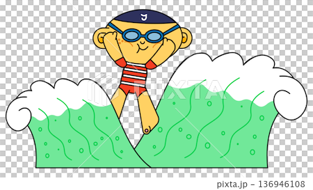 Active business illustration of a boy wearing goggles and swimming among surging waves 136946108