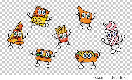 両手を広げて元気にポーズをとるジャンクフードたちのコミカルなキャラクターセット 両手を広げて元気にポーズをとるジャンクフードたちのコミカルなキャラクターセット 136946109