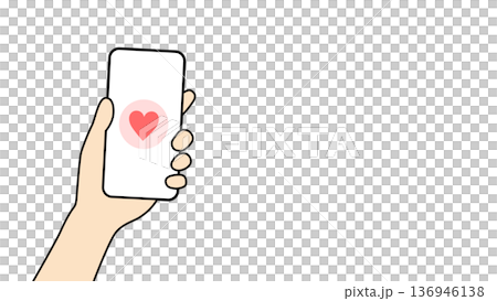スマートフォンを持つ手とハートアイコンのイラスト スマートフォンを持つ手とハートアイコンのイラスト 136946138