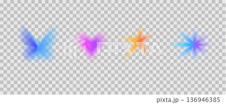 Set of blurred gradation y2k icons. Gradient hearts, butterfly flowers set. Bright aura rainbow shapes. Simple collage neon colorful figures. Vector neon collection isolated on transparent background 136946385