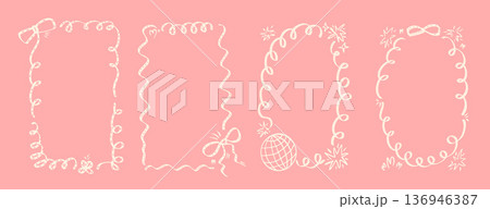 Bachelorette whimsical lace ribbon frames. Coquette borders with bows set. Squiggle menu cadre. Vector wedding frame on pink background. Christmas or festive oval and rectangle forms 136946387
