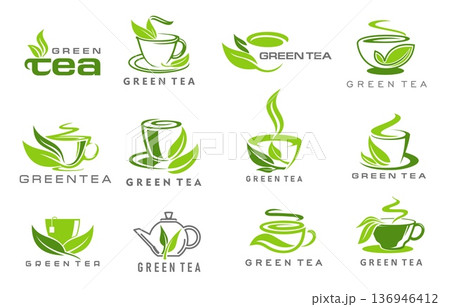 Green herbal tea icons with cups and leaves....のイラスト素材 [136946412] - PIXTA