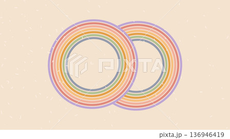 Retro groovy lines circle frame background. 70s round path border abstract pattern wallpaper. Vector horizontal wide wavy vintage stripes design. Funky trendy banner with curvy ornament backdrop 136946419
