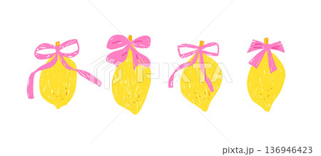 Whimsical crayon lemon with bows. Hand drawn naive fruit doodles in pink yellow tones. Vector lemons scribble isolated no bg. Pastel or chalk pencil handmade illustration 136946423