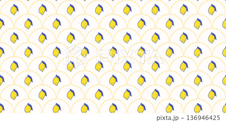 Scallop seamless pattern lemon elements. Yellow summer fruit design for textiles, kitchen decor, and Mediterranean-inspired prints with fruit accent. Vector arch fresh citrus fruits background 136946425
