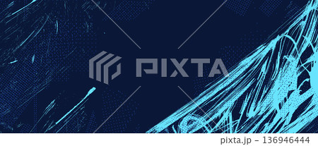 Abstract grunge sporty design with textured brush strokes. Blue bold dynamic splatter patterns. Urban street graffiti background for youth culture posters, creative sport graphic. Vector template bg 136946444