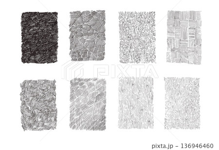 Hand-drawn crosshatch, wood tribal pattern set with organic pencil textures. Diagonal doodle crayon line sketches, organic hatch background for creative design. Vector handmade organic scribble bg 136946460