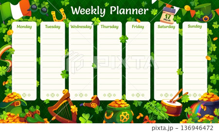 Weekly planner schedule with St Patrick's day characters. Daily schedule, education timetable or kids vector planner with St Patrick's leprechaun hat, pot of gold, clovers, music instruments and flag Weekly planner schedule with St Patrick's day characters. Daily schedule, education timetable or kids vector planner with St Patrick's leprechaun hat, pot of gold, clovers, music instruments and flag 136946472